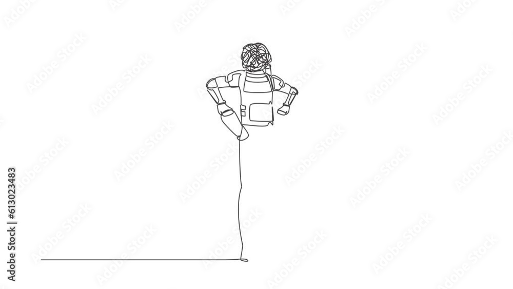 Poster animated self drawing of continuous line draw astronaut with round scribbles instead of head. spacem