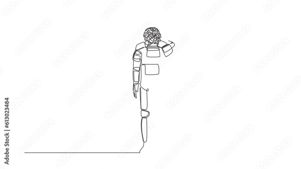 Poster animated self drawing of single continuous line draw astronaut with round scribbles instead of head,