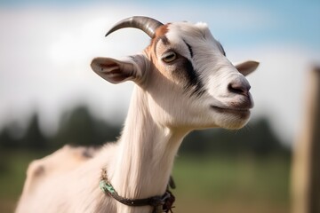 Macro shot of a goat looking into the distance in a field. Generative AI