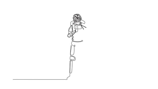 Self drawing animation of single line draw astronaut with round scribbles instead of head. Stop working, time break gesture, timeout signal. Pause. Cosmic space. Continuous line. Full length animated