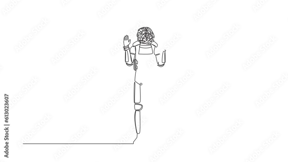 Poster animated self drawing of continuous line draw of astronaut with round scribble instead of head, shoc