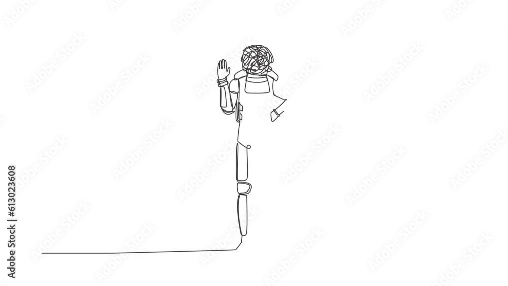 Poster animated self drawing of single continuous line draw astronaut with round scribbles instead of head,