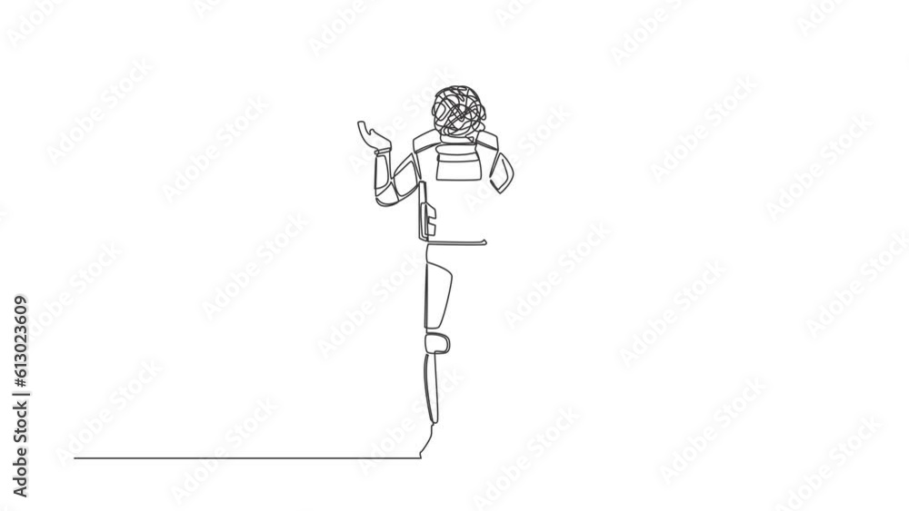 Poster animated self drawing of single continuous line draw astronaut with round scribble instead of head, 