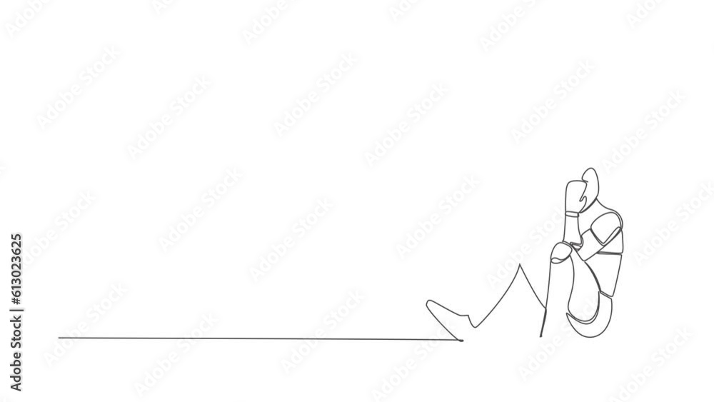 Poster animated self drawing of continuous line draw robot cover his face by hands and sitting on the floor