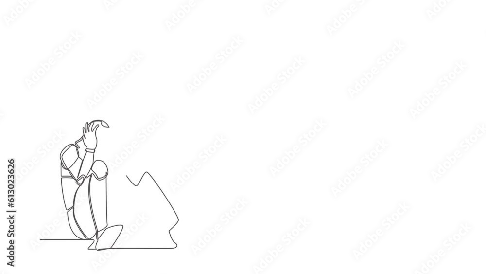 Poster animated self drawing of continuous line draw robot feeling sad, depression, holding head and sittin