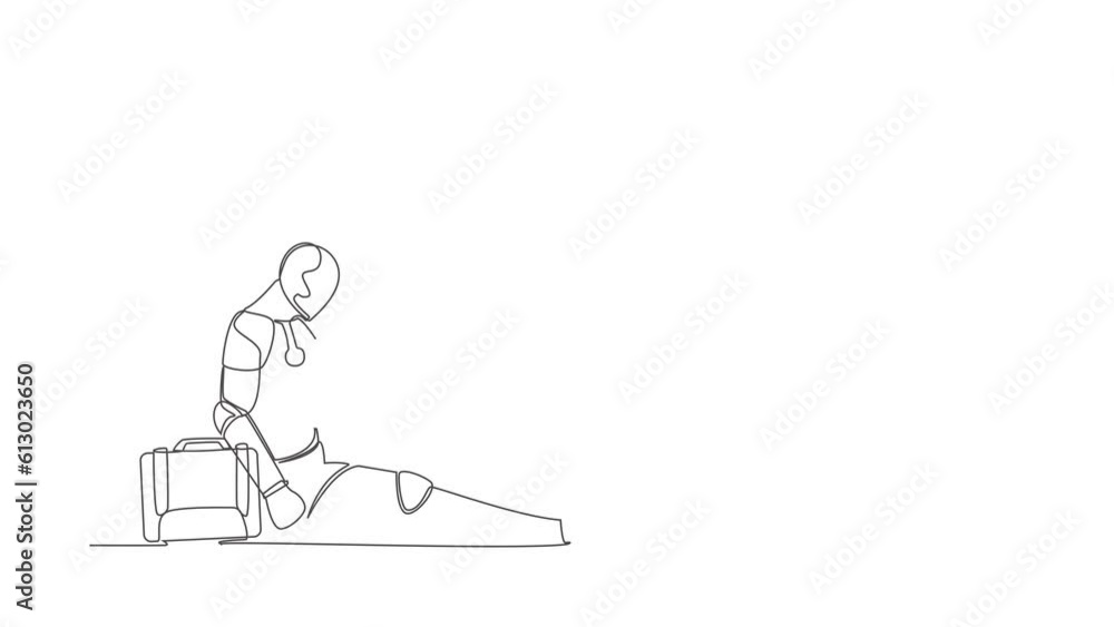 Poster animated self drawing of continuous one line draw depressed robot with briefcase sitting in despair 