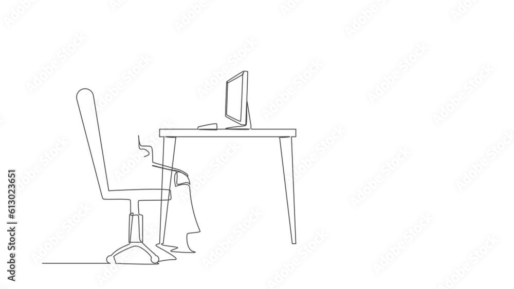 Poster self drawing animation of single one line draw exhausted sick tired robot sad boring sitting with he