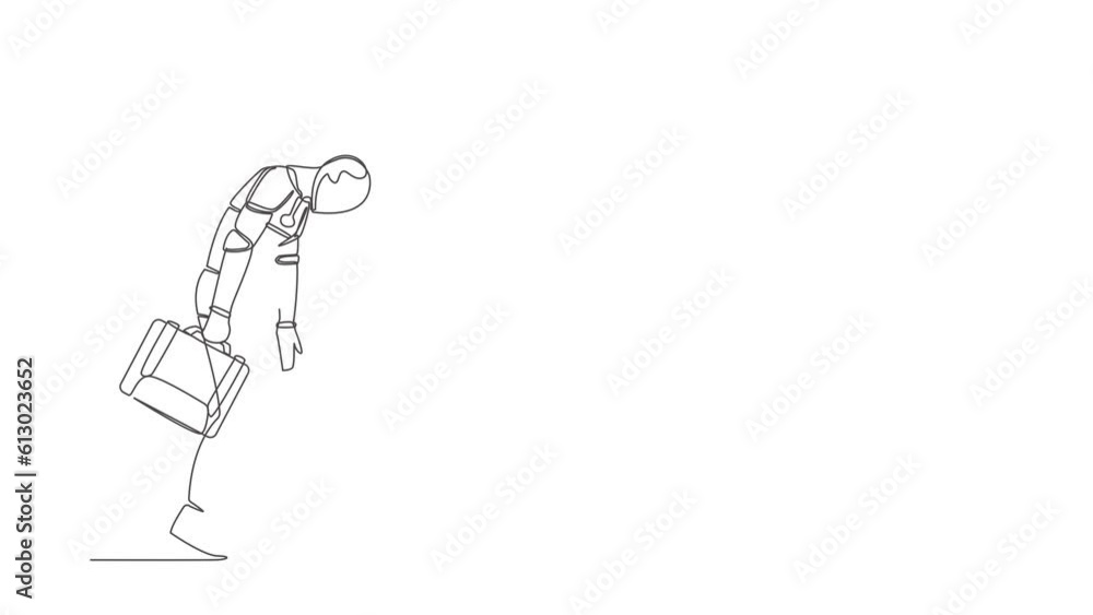 Aufkleber self drawing animation of single line draw robot looking down, holding briefcase. bankruptcy on econ