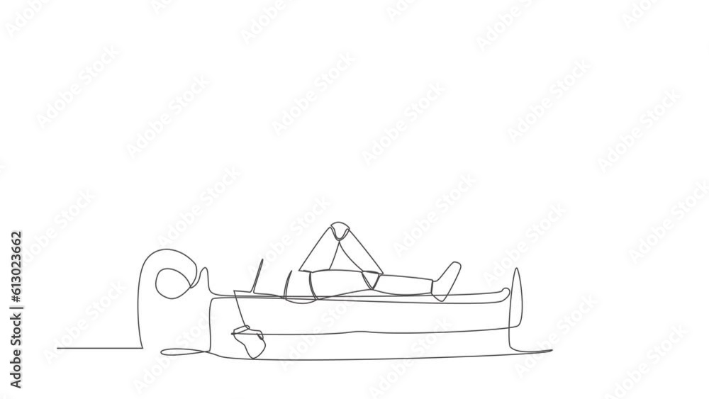 Poster animated self drawing of continuous line draw of frustrated robot holding his head lying on sofa. st