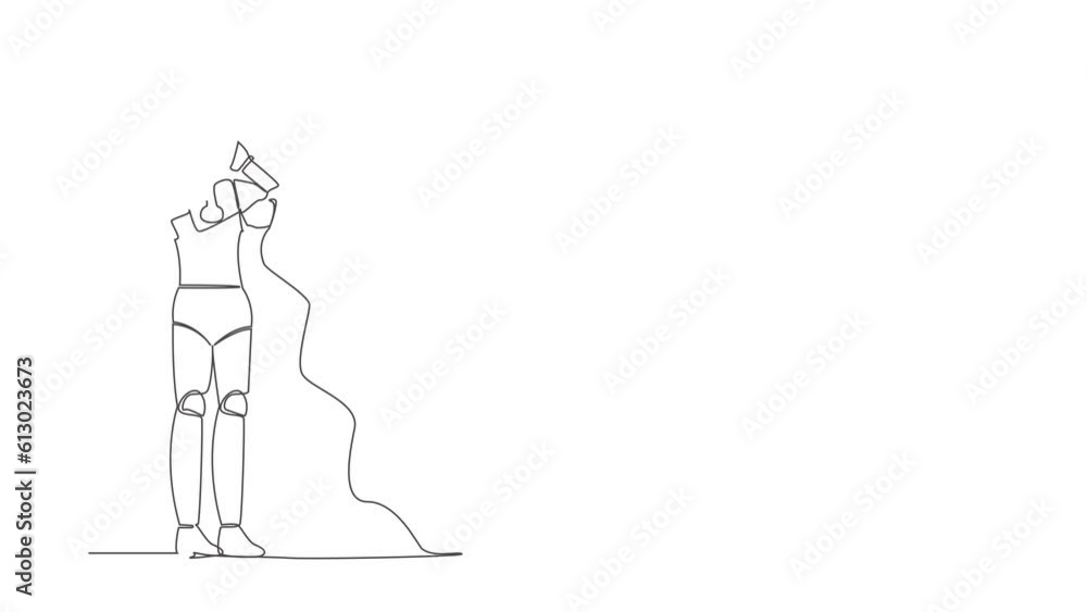 Poster self drawing animation of single one line draw robot standing think about finding money for paying b