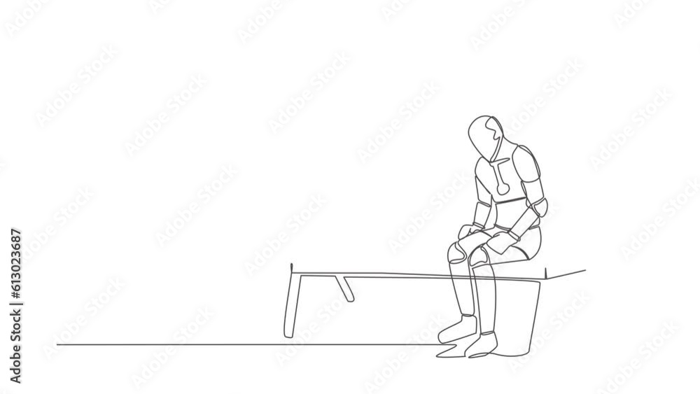 Poster animated self drawing of continuous line draw robot sit at bench alone. suffering from depression, e