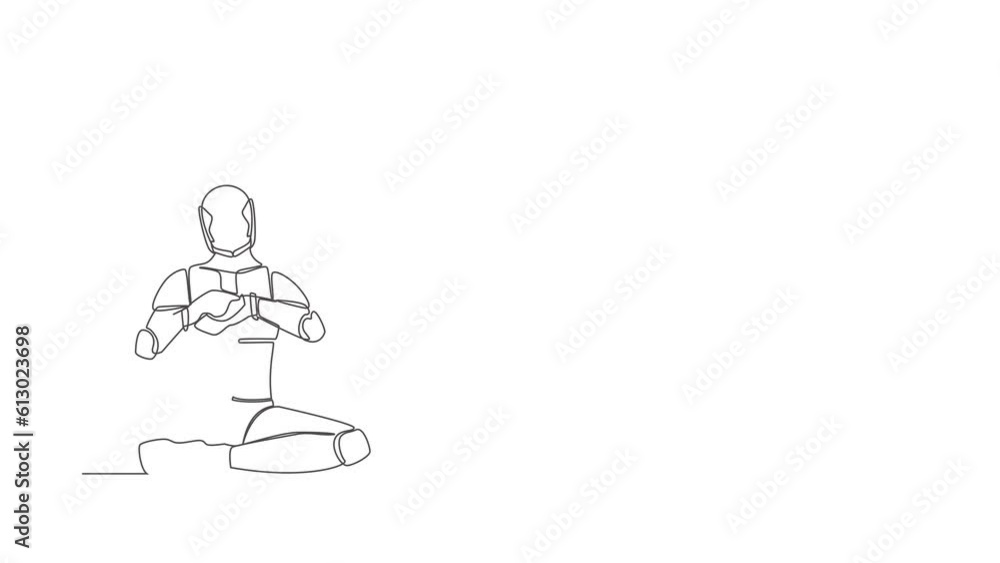Poster animated self drawing of continuous line draw sad robot sitting alone on floor. depressed, disorder,