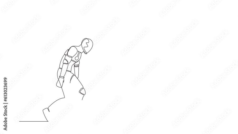 Poster animated self drawing of continuous line draw sad robot bowed down. feeling lonely having mental pre