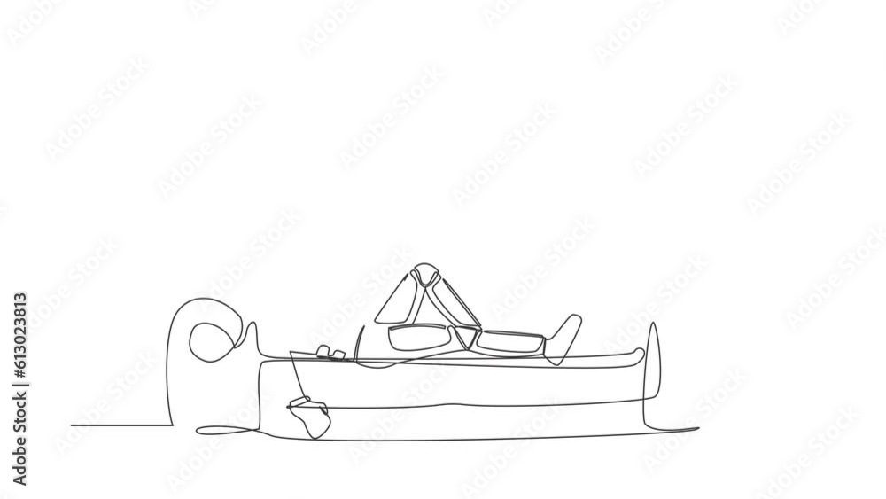 Poster animated self drawing of continuous line draw depressed astronaut holding his head lying on sofa. st