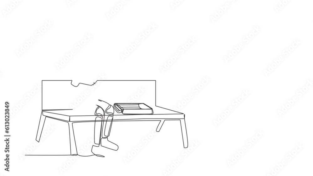 Poster animated self drawing of continuous line draw astronaut sitting at bench alone. suffering from depre