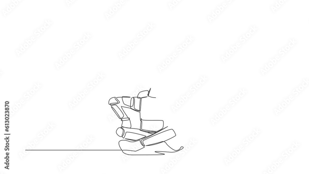 Poster animated self drawing of continuous line draw astronaut sitting with support his head and confused b