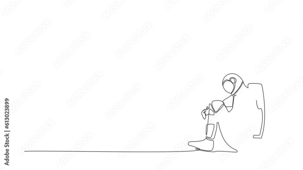 Poster self drawing animation of single line draw astronaut suffer sadness melancholy sitting in despair on