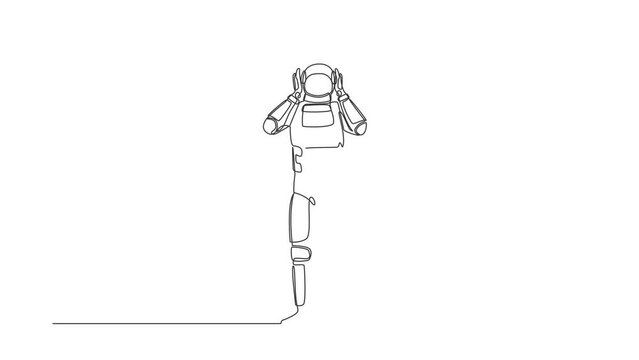 Animated self drawing of continuous line draw astronaut has headache, hands on his head, migraine, pain head due to spacecraft company bankruptcy. Cosmonaut deep space. Full length one line animation
