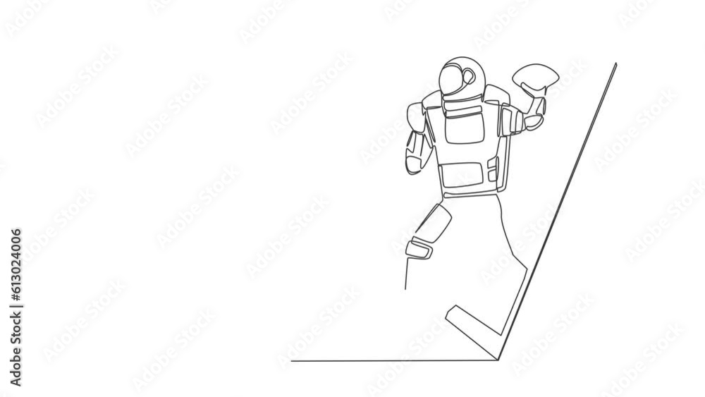 Poster self drawing animation of single line draw of american football astronaut player running getting out