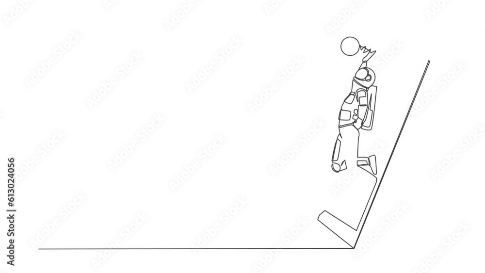 Poster animated self drawing of continuous line draw young astronaut volleyball athlete player in action ju