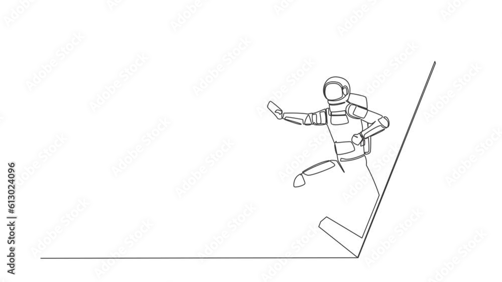 Poster self drawing animation of single line draw astronaut karateka stance getting out of smartphone scree