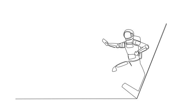 Self drawing animation of single line draw astronaut karateka stance getting out of smartphone screen. Mobile sports matches. Duel martial art online game. Continuous line draw. Full length animated