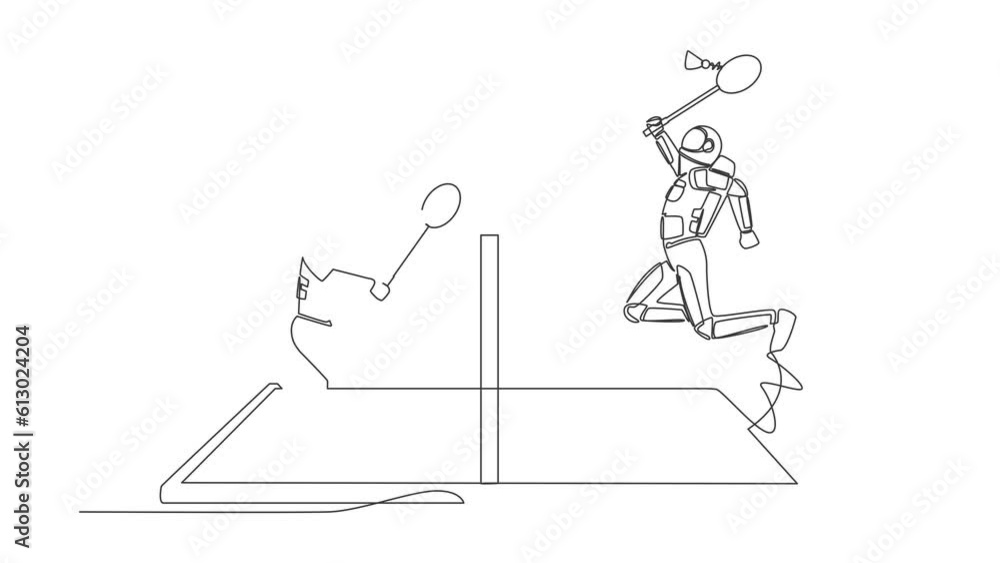 Poster self drawing animation of single one line draw badminton court with astronaut players hitting shuttl