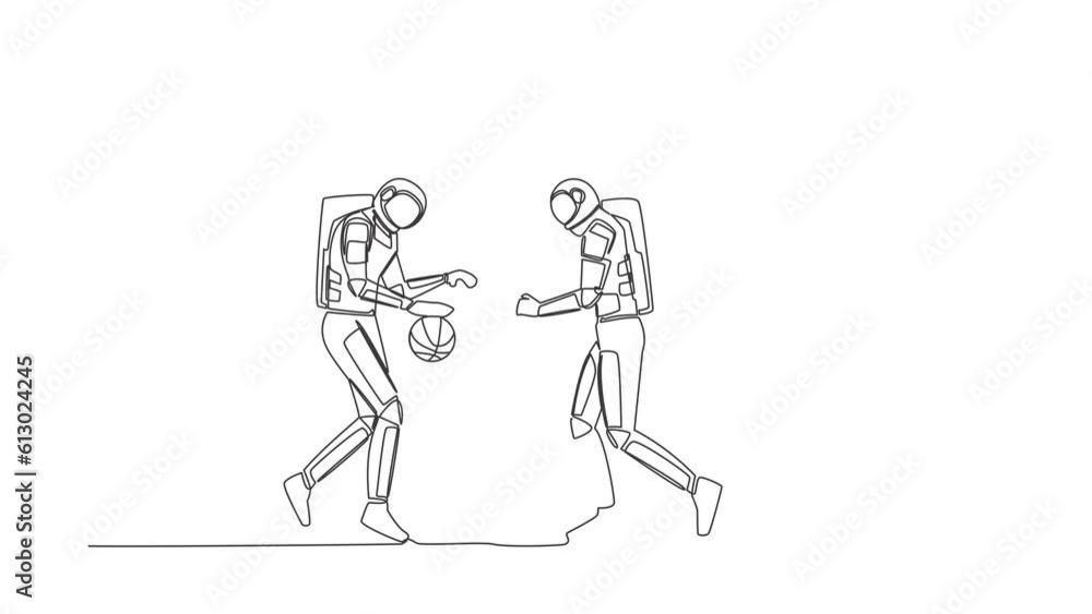 Poster animated self drawing of continuous line draw basketball players astronaut in action during game out