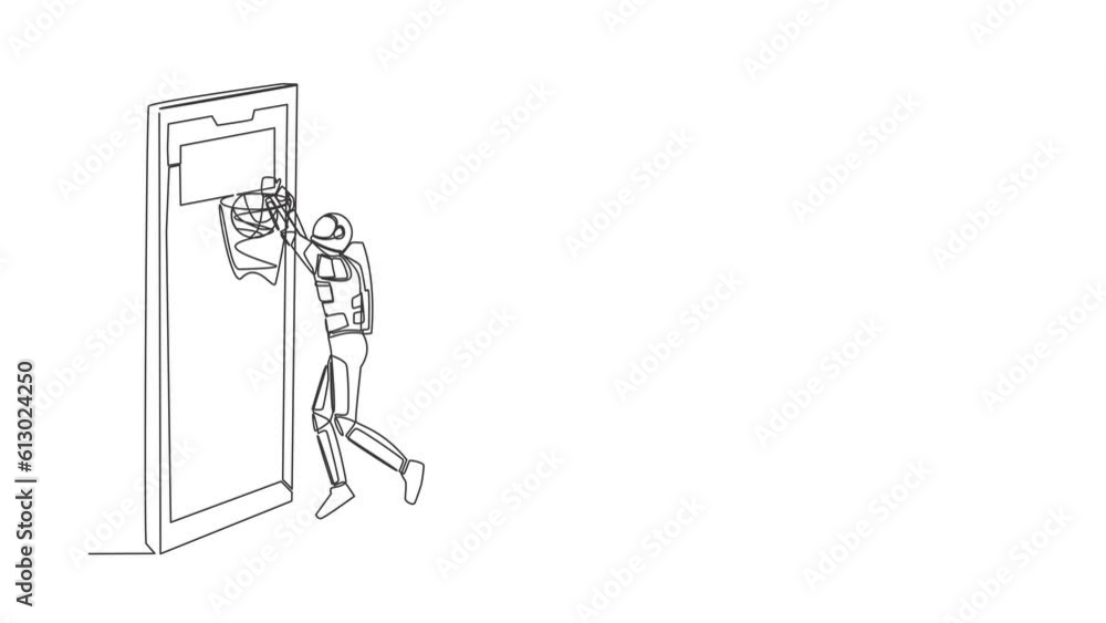 Poster self drawing animation of single line draw basketball players astronaut in action out of smartphone 