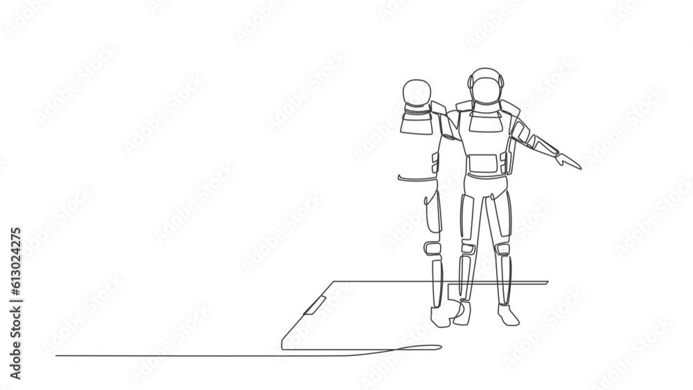 Poster animated self drawing of single continuous line draw soccer players astronaut embrace each other on 