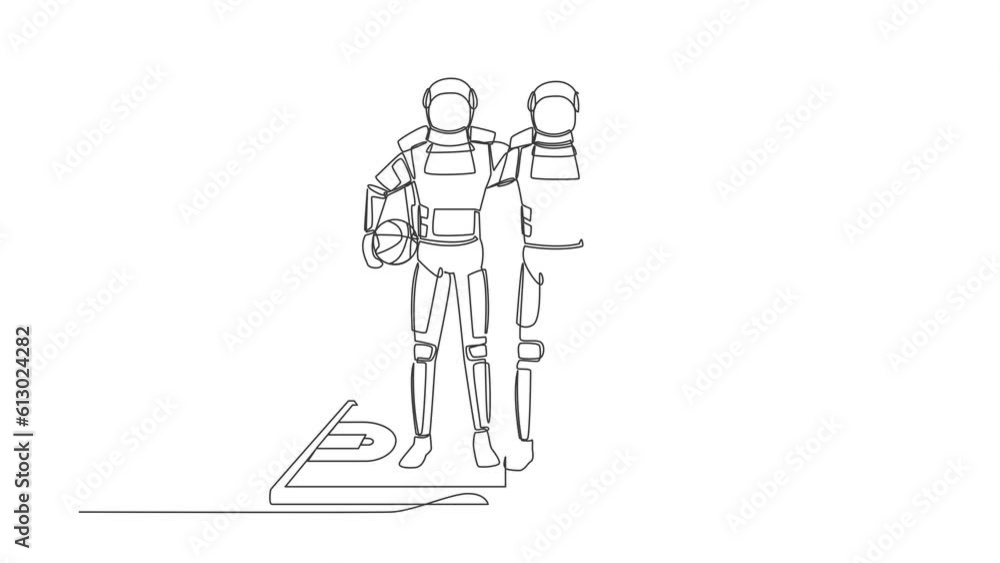 Poster self drawing animation of single line draw basketball players astronaut embrace each other on surfac