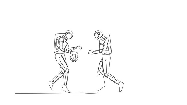 Animated self drawing of continuous line draw basketball players astronaut in action during game out of smartphone screen. Online basketball game. Cosmonaut space. Full length single line animation