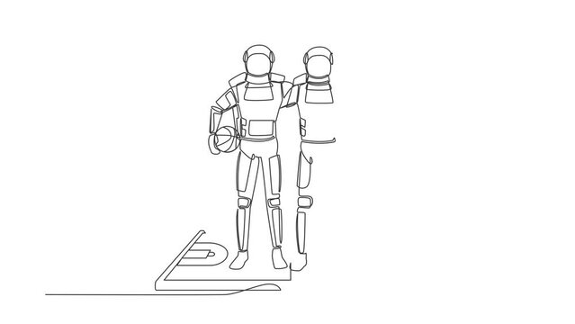 Self drawing animation of single line draw basketball players astronaut embrace each other on surface of smartphone. Mobile basketball. Cosmic galaxy space. Continuous line draw. Full length animated