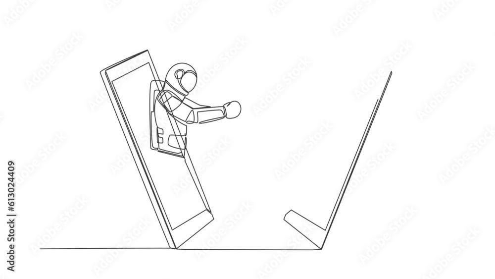 Poster animated self drawing of single continuous line draw astronaut boxers comes out from smartphone read