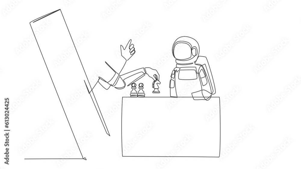 Poster animated self drawing of continuous line draw astronaut sitting at table and playing online chess. o
