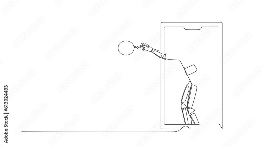 Poster self drawing animation of single line draw astronaut basketball player shooting ball out of smartpho