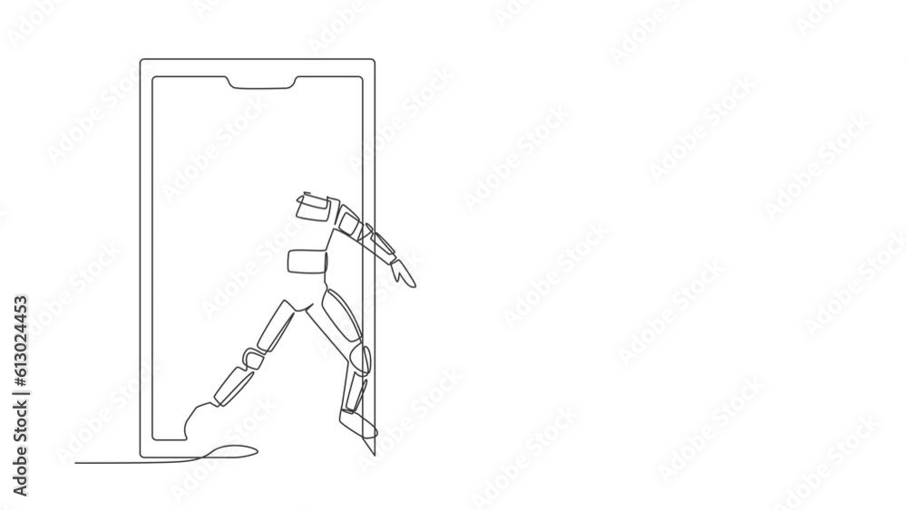 Poster animated self drawing of continuous line draw astronaut basketball player running dribbling with bal