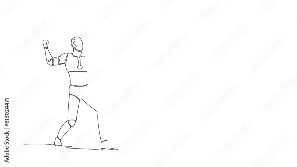 Poster animated self drawing of continuous line robot standing with raised clenched fist hands. future robo