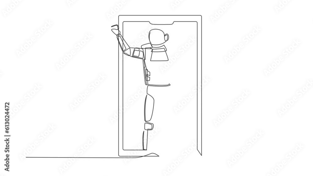 Aufkleber animated self drawing of continuous line draw astronaut football player celebrating goal out of smar