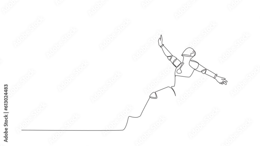 Poster self drawing animation of single line draw robot jumping with spreads both legs and raise one hand. 