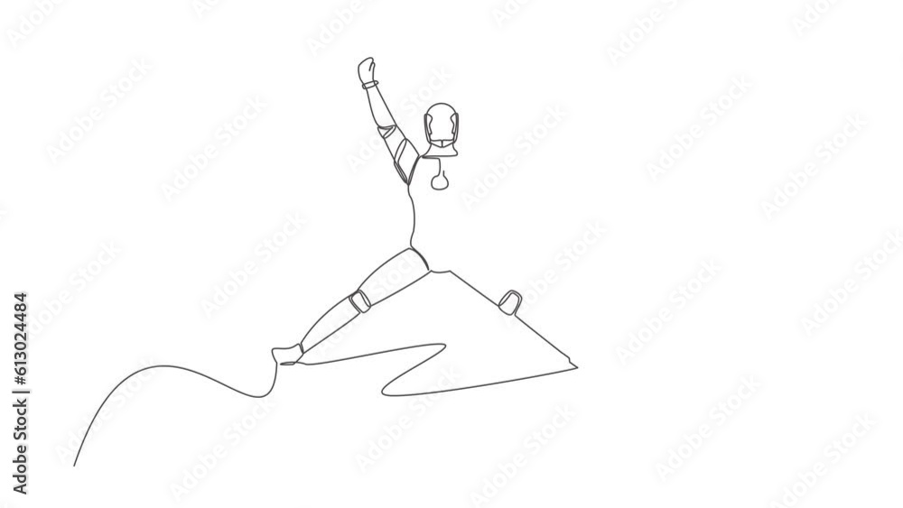 Poster self drawing animation of single line draw robot jumping with raised his arms and legs. success tech
