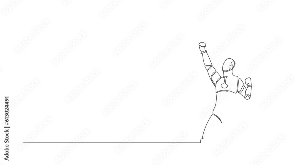Poster animated self drawing of continuous line draw happy robot kneeling with raised one hand high and rai