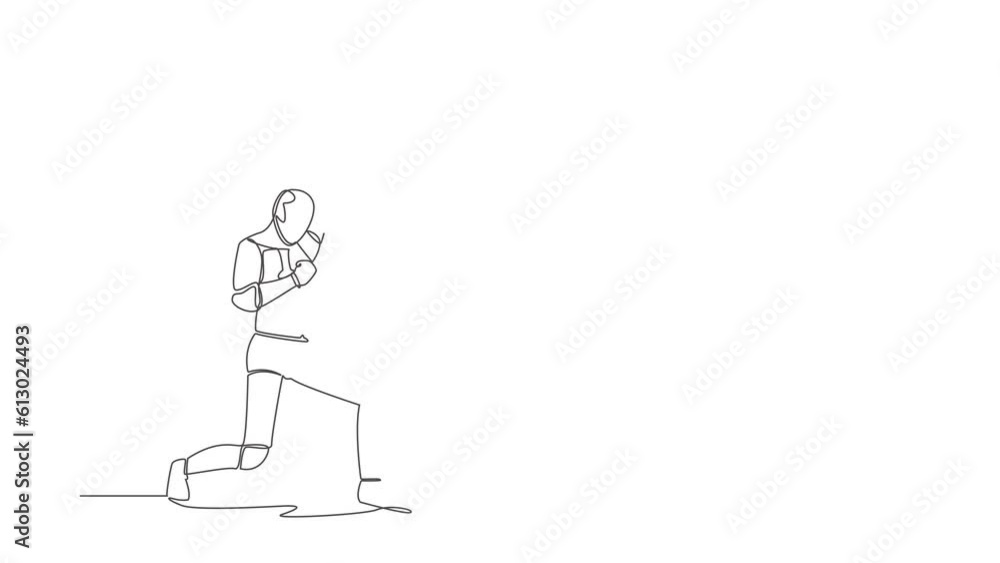 Poster animated self drawing of single continuous line happy robot standing with raise one hand and the oth
