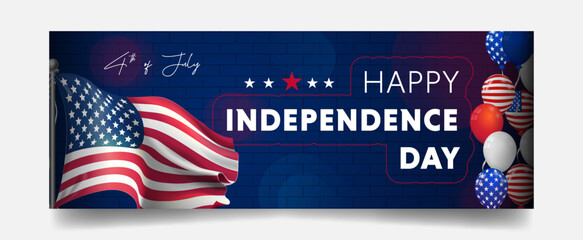 4th July happy Independence day banner template. Greeting card with flag, star, balloon of America