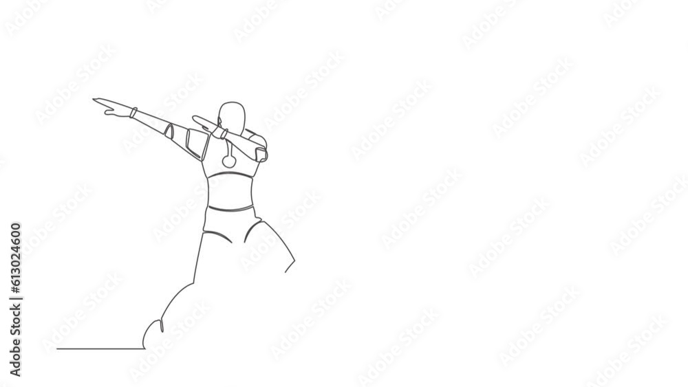 Poster animated self drawing of continuous line robot standing with crossing arms and look down. future rob