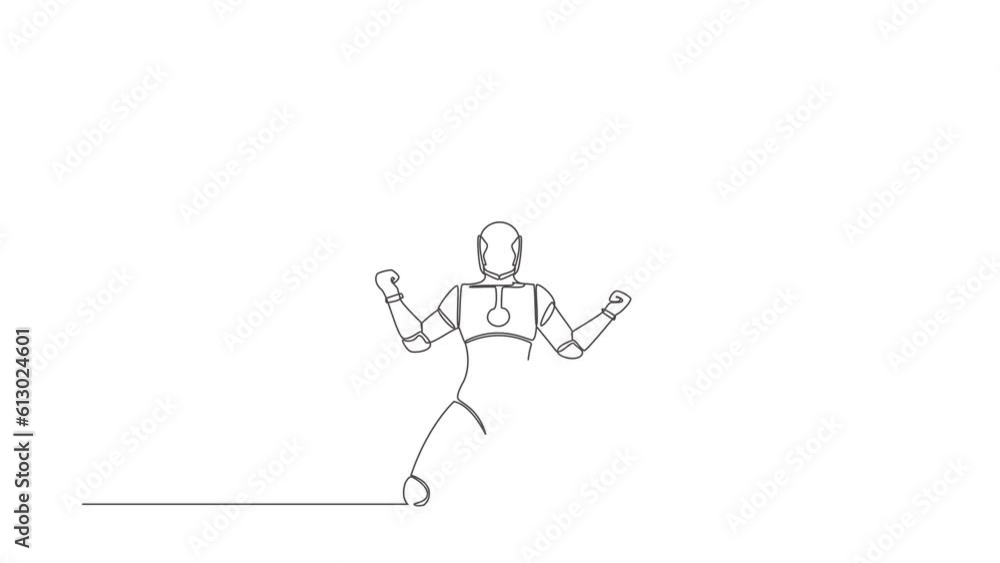 Poster animated self drawing of continuous line draw of happy robot kneeling with both hands yes gesture, c