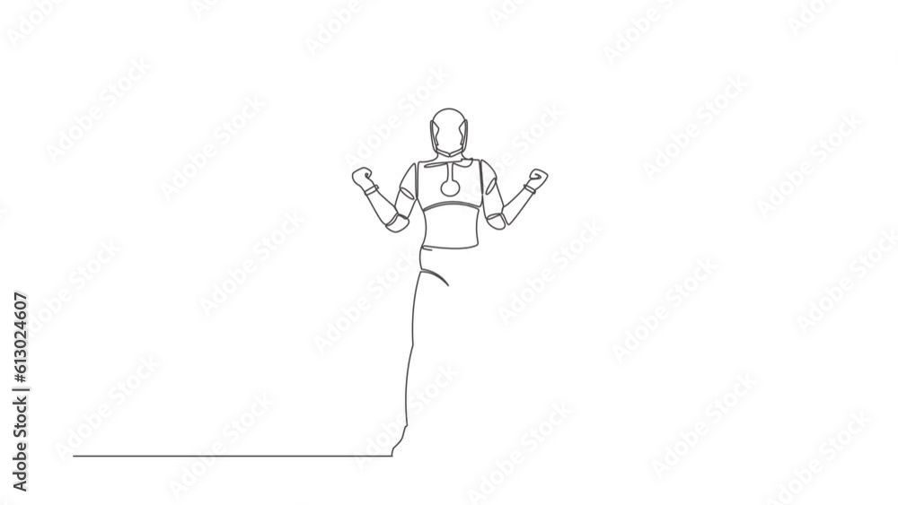Poster animated self drawing of continuous line draw of happy robot standing with both hands yes gesture. h