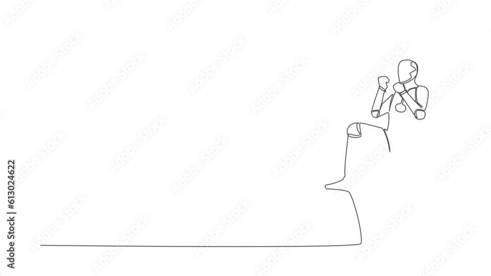 Poster animated self drawing of continuous line draw happy robot standing with raised one leg and doing yes