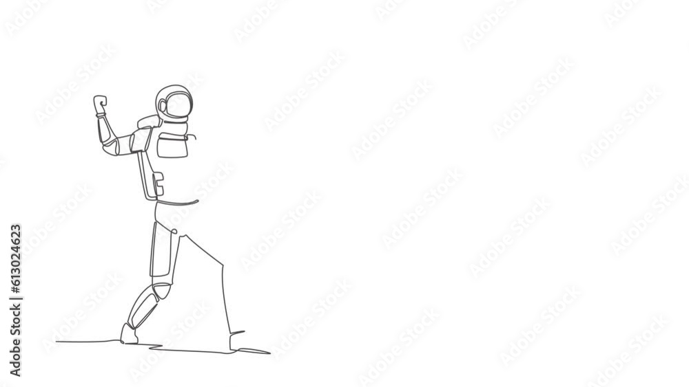 Poster animated self drawing of continuous line draw astronaut standing with raised his clenched fist hands