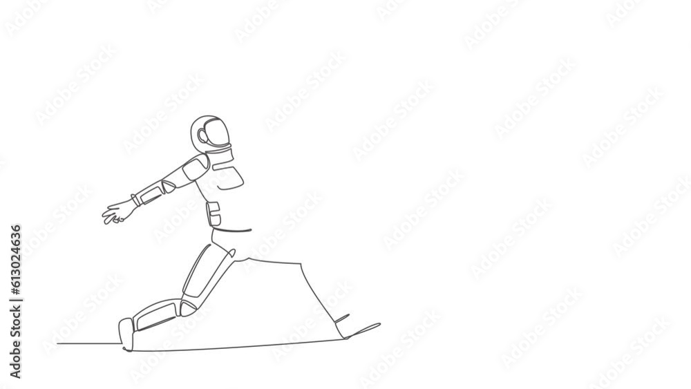 Poster animated self drawing of continuous line draw astronaut jumping with spread both leg and raise one h
